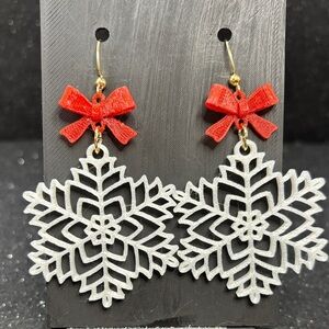 Snowflake Christmas Earrings with Red Bows